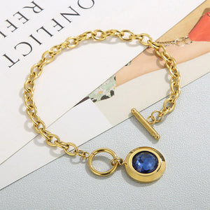 Fashion Simple Plated Gold 316L Stainless Steel Geometric Round Chain Bracelet with Blue Cubic Zirconia