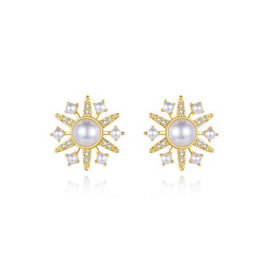 Fashion Simple Plated Gold Floral Imitation Pearl Stud Earrings with Cubic Zirconia