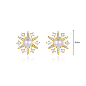 Fashion Simple Plated Gold Floral Imitation Pearl Stud Earrings with Cubic Zirconia