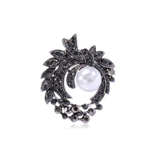 Load image into Gallery viewer, Elegant Brilliant Plated Black Floral Geometric Round Imitation Pearl Brooch with Cubic Zirconia