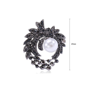 Elegant Brilliant Plated Black Floral Geometric Round Imitation Pearl Brooch with Cubic Zirconia