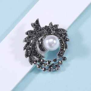 Elegant Brilliant Plated Black Floral Geometric Round Imitation Pearl Brooch with Cubic Zirconia