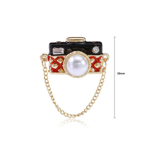 Fashion Creative Plated Gold Camera Tassel Chain Imitation Pearl Brooch