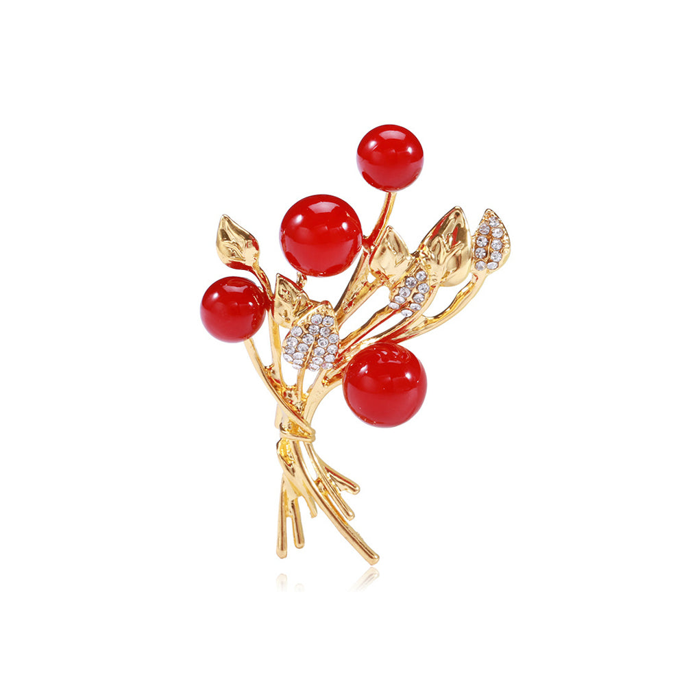 Fashion Temperament Plated Gold Bouquet Red Imitation Pearl Brooch with Cubic Zirconia