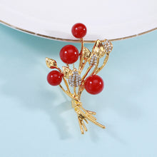 Load image into Gallery viewer, Fashion Temperament Plated Gold Bouquet Red Imitation Pearl Brooch with Cubic Zirconia
