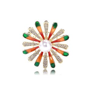 Fashion Temperament Plated Gold Enamel Flower Imitation Pearl Brooch with Cubic Zirconia
