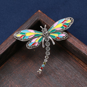 Elegant Vintage Enamel Colorful Dragonfly Brooch with Cubic Zirconia