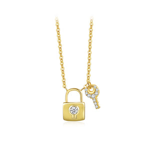 925 Sterling Silver Plated Gold Simple Personality Lock Key Pendant with Cubic Zirconia and Necklace