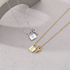 925 Sterling Silver Plated Gold Simple Personality Lock Key Pendant with Cubic Zirconia and Necklace