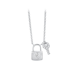 925 Sterling Silver Simple Personality Lock Key Pendant with Cubic Zirconia and Necklace