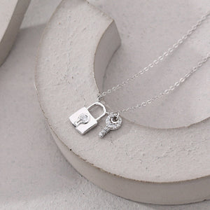 925 Sterling Silver Simple Personality Lock Key Pendant with Cubic Zirconia and Necklace