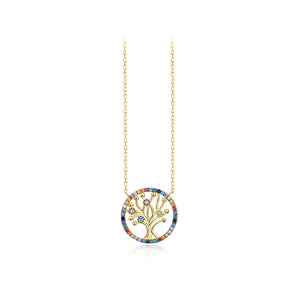 925 Sterling Silver Plated Gold Fashion Simple Tree Of Life Geometric Circle Pendant with Cubic Zirconia and Necklace