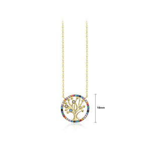 925 Sterling Silver Plated Gold Fashion Simple Tree Of Life Geometric Circle Pendant with Cubic Zirconia and Necklace