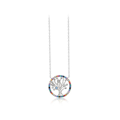 925 Sterling Silver Fashion Simple Tree Of Life Geometric Circle Pendant with Cubic Zirconia and Necklace