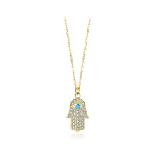 Load image into Gallery viewer, 925 Sterling Silver Plated Gold Fashion Brilliant Hand Of Fatima Turquoise Pendant with Cubic Zirconia and Necklace