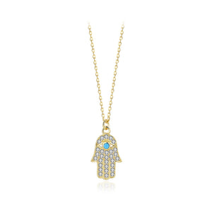 925 Sterling Silver Plated Gold Fashion Brilliant Hand Of Fatima Turquoise Pendant with Cubic Zirconia and Necklace