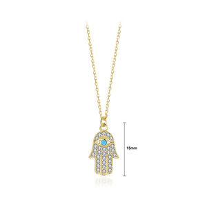 925 Sterling Silver Plated Gold Fashion Brilliant Hand Of Fatima Turquoise Pendant with Cubic Zirconia and Necklace