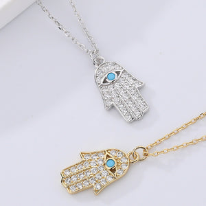 925 Sterling Silver Fashion Brilliant Hand Of Fatima Turquoise Pendant with Cubic Zirconia and Necklace