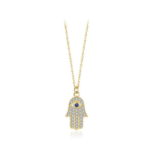925 Sterling Silver Plated Gold Fashion Brilliant Hand Of Fatima Pendant with Cubic Zirconia and Necklace