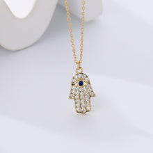 Load image into Gallery viewer, 925 Sterling Silver Plated Gold Fashion Brilliant Hand Of Fatima Pendant with Cubic Zirconia and Necklace