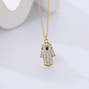 925 Sterling Silver Plated Gold Fashion Brilliant Hand Of Fatima Pendant with Cubic Zirconia and Necklace
