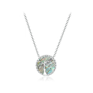 925 Sterling Silver Fashion Temperament Tree Of Life Colorful Shell Geometric Pendant with Necklace
