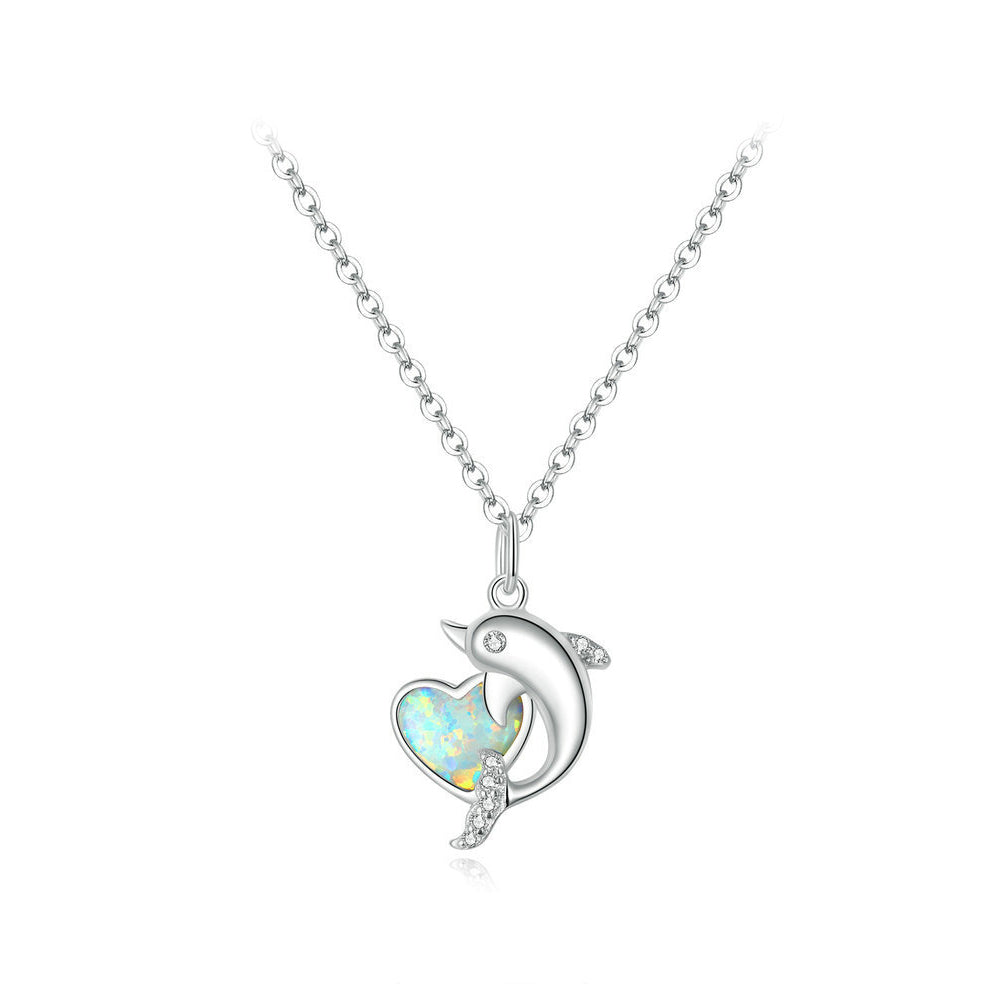 925 Sterling Silver Fashion Cute Dolphin Heart Pendant with Cubic Zirconia and Necklace
