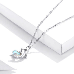 925 Sterling Silver Fashion Cute Dolphin Heart Pendant with Cubic Zirconia and Necklace