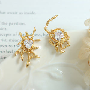 Simple Personality Plated Gold Spider Web Asymmetric Stud Earrings with Cubic Zirconia