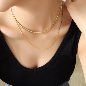 Simple Fashion Plated Gold 316L Stainless Steel Multilayer Chain Necklace with Cubic Zirconia