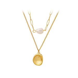 Simple Personality Plated Gold 316L Stainless Steel Convex Geometric Pendant with Irregular Imitation Pearl and Double Layer Necklace