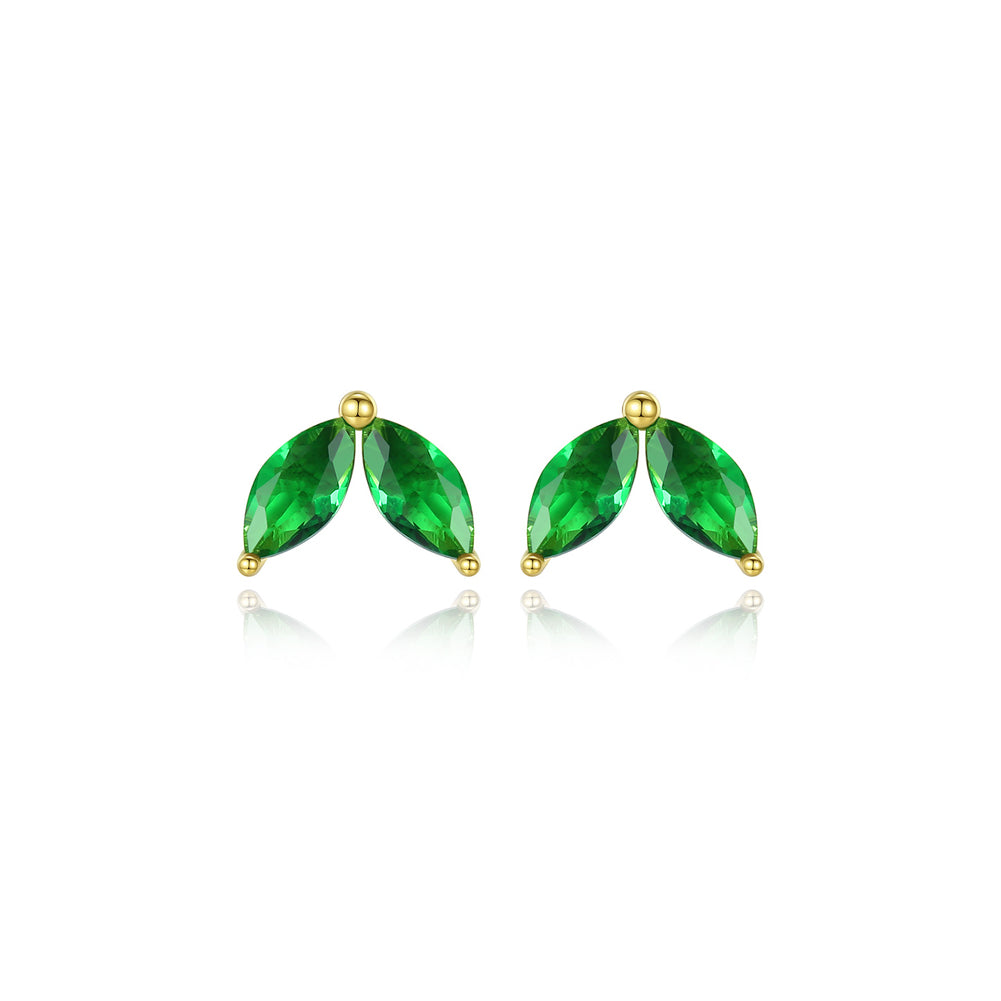 925 Sterling Silver Plated Gold Simple Fashion Leaf Stud Earrings with Green Cubic Zirconia