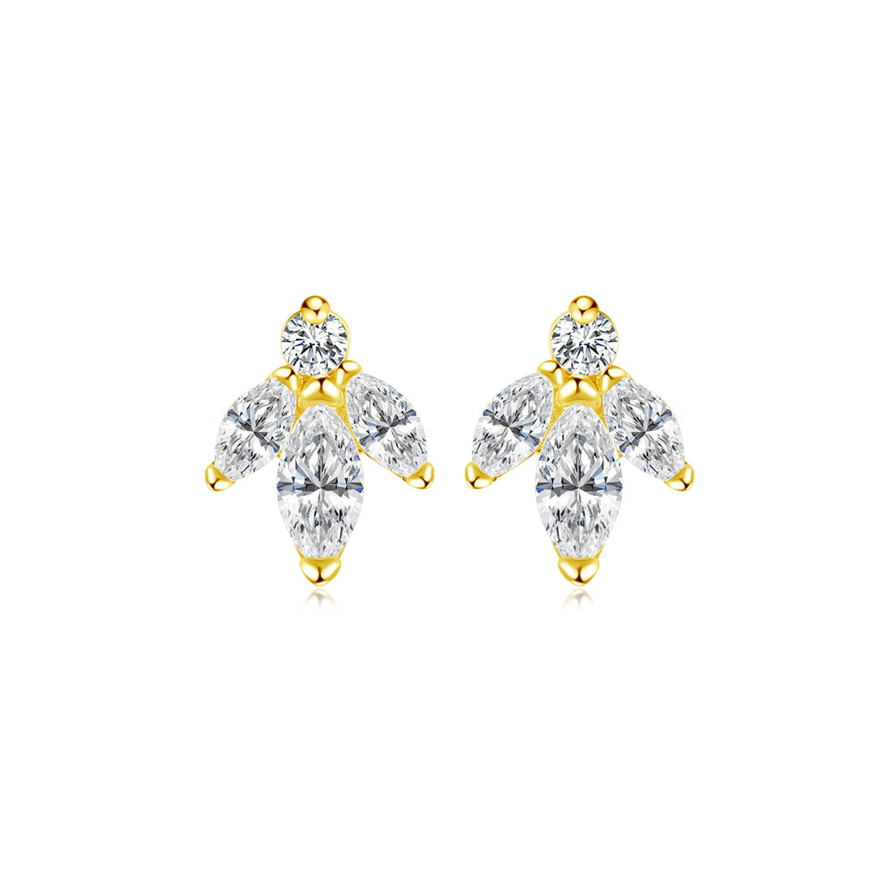925 Sterling Silver Plated Gold Simple Cute Leaf Stud Earrings with Cubic Zirconia