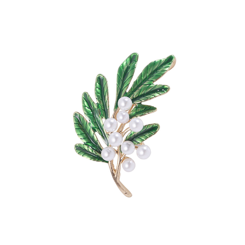 Simple Fashion Plated Gold Enamel Green Leaf Brooch with Imitation Pearls