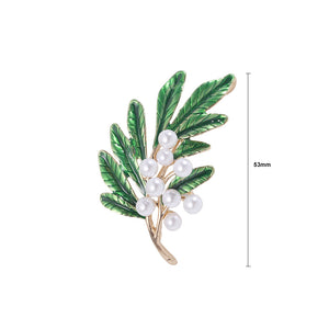 Simple Fashion Plated Gold Enamel Green Leaf Brooch with Imitation Pearls