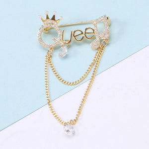 Fashion Temperament Plated Gold Alphabet QUEEN Tassel Brooch with Cubic Zirconia