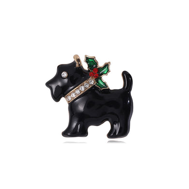 Simple Lovely Plated Gold Enamel Black Christmas Dog Brooch with Cubic Zirconia
