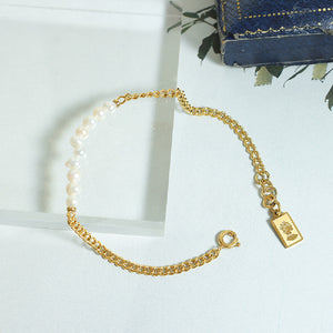 Fashion Elegant Plated Gold 316L Stainless Steel Irregular Imitation Pearl Beaded Chain Bracelet