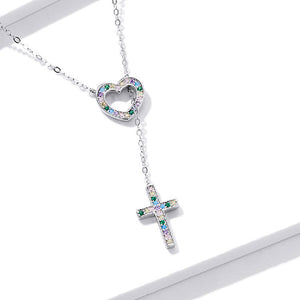 925 Sterling Silver Fashion Simple Hollow Heart Cross Pendant with Cubic Zirconia and Necklace