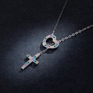 925 Sterling Silver Fashion Simple Hollow Heart Cross Pendant with Cubic Zirconia and Necklace