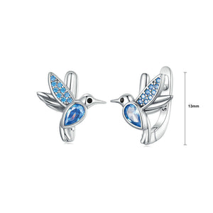 925 Sterling Silver Fashion Simple Hummingbird Geometric Stud Earrings with Blue Cubic Zirconia