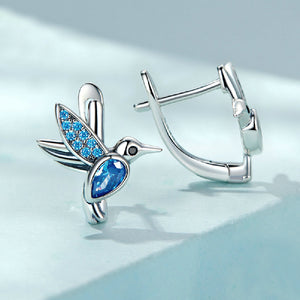 925 Sterling Silver Fashion Simple Hummingbird Geometric Stud Earrings with Blue Cubic Zirconia