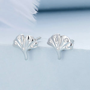 925 Sterling Silver Simple Fashion Ginkgo Leaf Stud Earrings with Cubic Zirconia