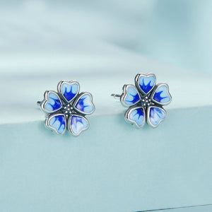 925 Sterling Silver Fashion Simple Enamel Blue Flower Stud Earrings