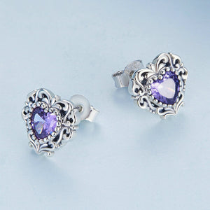 925 Sterling Silver Simple Romantic Pattern Heart Stud Earrings with Purple Cubic Zirconia