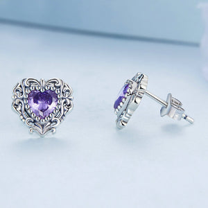 925 Sterling Silver Simple Romantic Pattern Heart Stud Earrings with Purple Cubic Zirconia