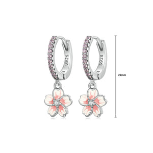 925 Sterling Silver Fashion Elegant Enamel Cherry Blossom Geometric Earrings with Cubic Zirconia