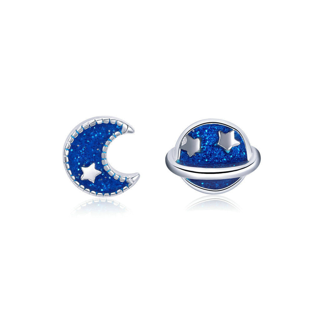 925 Sterling Silver Fashion Simple Moon Planet Asymmetric Stud Earrings