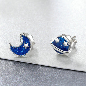 925 Sterling Silver Fashion Simple Moon Planet Asymmetric Stud Earrings
