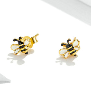 925 Sterling Silver Plated Gold Simple Cute Bee Stud Earrings